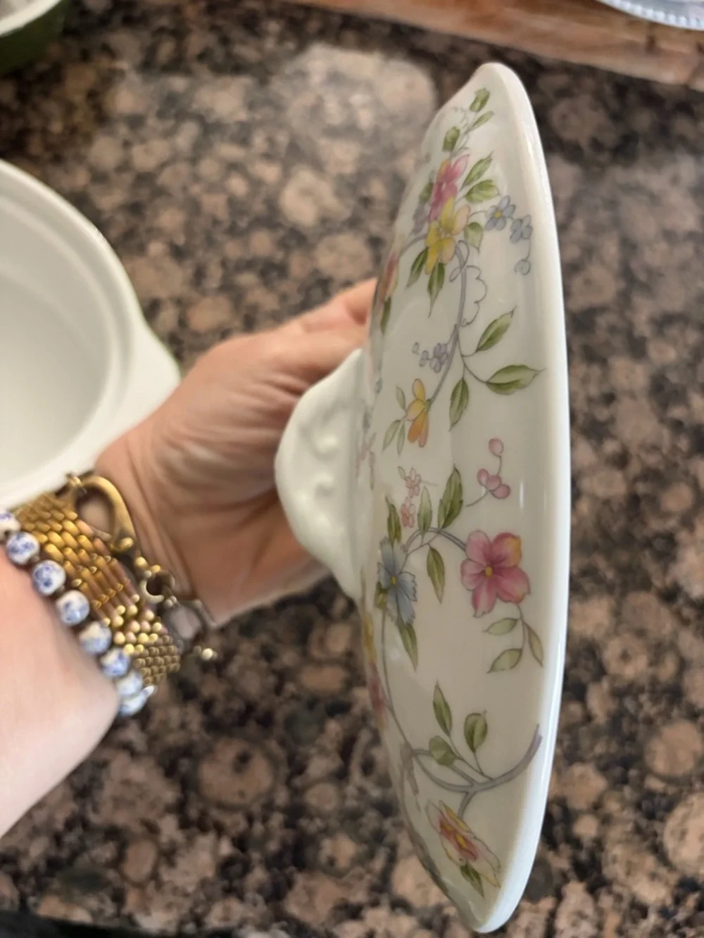 Andrea By Sadek White Porcelain Covered Serving Dish with Pastel Floral Design